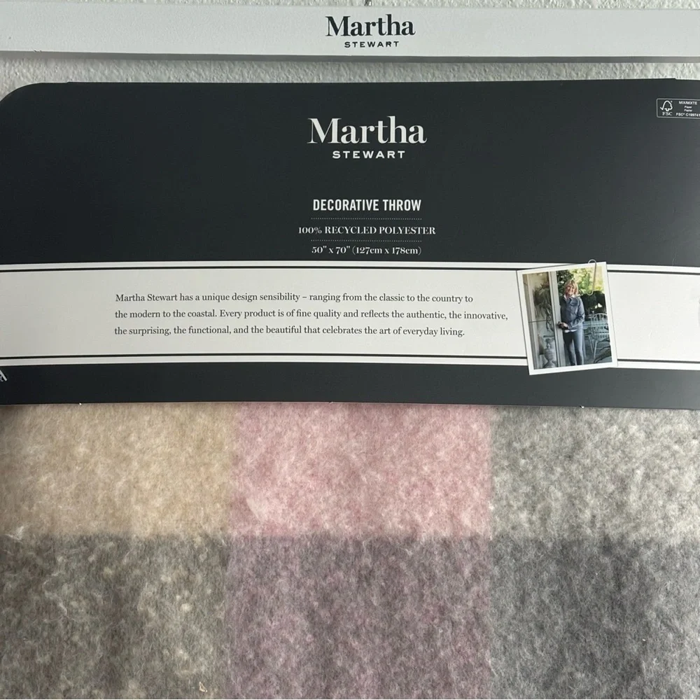 NWT Martha Stewart Decorative Throw - Pink, Gray, Cream Colorful Plaid Recycled